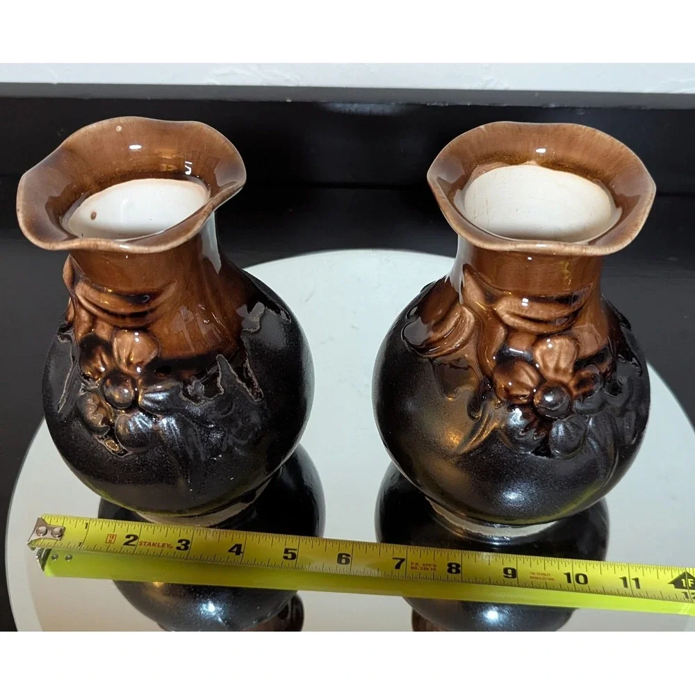 Vintage Flowers & Bows Raku Crackle Drip Glazed Scalloped Edge Vases, Set of Two
